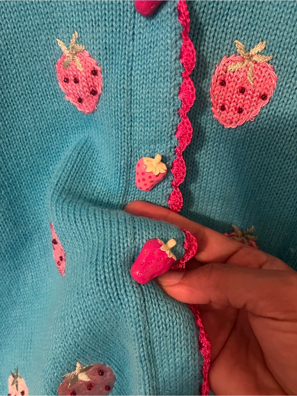 Storybook Knits NWT VINTAGE STRAWBERRY Cardigan Blue Crochet Trim Sweater - Picture 11 of 13